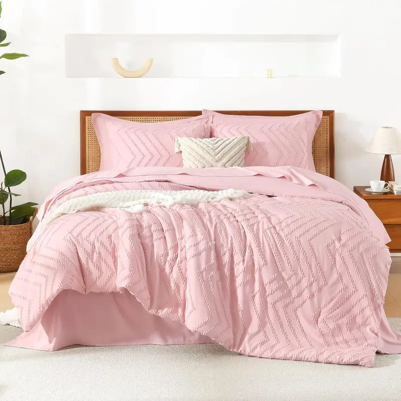 ☁️ 7‑Piece Chevron Tufted Boho Bedding Set, 14" Deep Pocket Microfiber Comforter Set, Soho Chic Home Decor