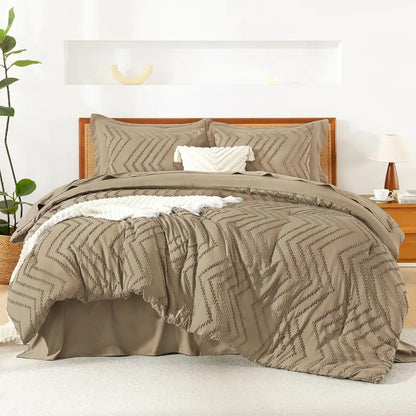 ☁️ 7‑Piece Chevron Tufted Boho Bedding Set, 14" Deep Pocket Microfiber Comforter Set, Soho Chic Home Decor
