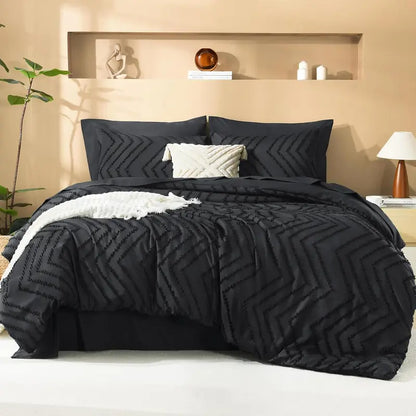 ☁️ 7‑Piece Chevron Tufted Boho Bedding Set, 14" Deep Pocket Microfiber Comforter Set, Soho Chic Home Decor